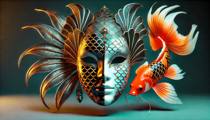 A dual-tone ornate mask with intricate fish scale patterns, golden accents, and a vibrant koi fish with flowing fins.