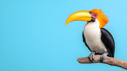 Rufous-crowned hornbill perched on branch against light blue background; exotic bird profile; wildlife photography for websites, blogs, and educational materials