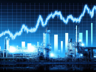 Industrial plant with rising financial graph and bar chart in blue tones
