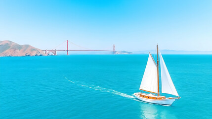 Obraz premium Sailboat cruising San Francisco Bay, Golden Gate Bridge in background, sunny day, travel postcard