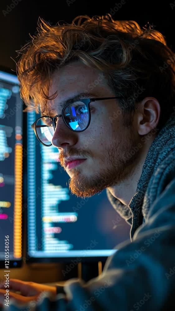 Poster young programmer coding at night with multiple screens illuminated in a dark room