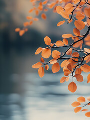 Beautiful orange autumn leaves set against a blurred blue background : Generative AI