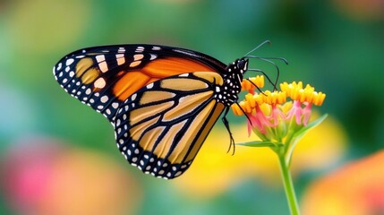 A detailed close-up shot of a monarch butterfly perched on a flower in natural sunlight