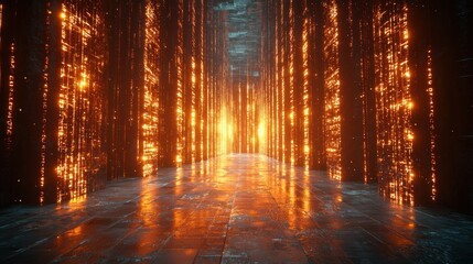 Futuristic glowing corridor, data stream,  digital tunnel, illuminated interior
