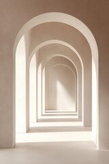 Fototapeta premium This composition showcases smooth white walls and elegant arches that create a tranquil atmosphere. Soft natural light enhances the muted pastel background, offering ample space for text