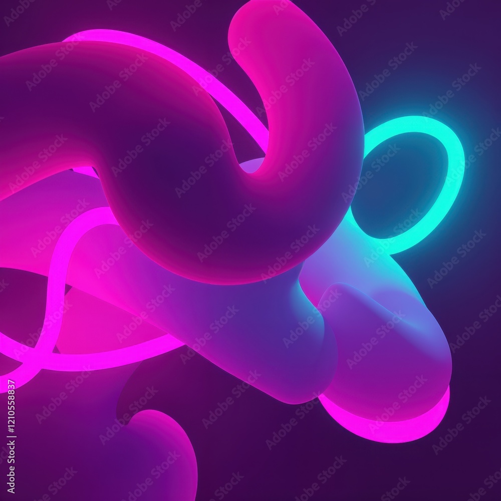 Poster vibrant neon abstract shapes with glowing twists and loops in dark setting