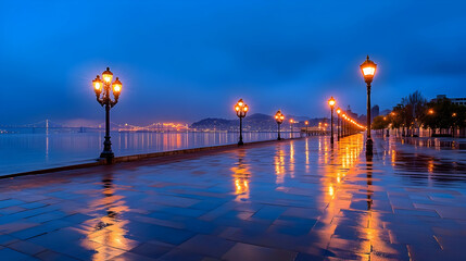 Obraz premium Serene coastal promenade at dusk, city lights reflecting on wet pavement, tranquil waters in background; ideal for travel or serenity themes