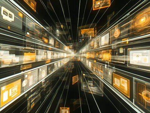 Futuristic digital data stream tunnel.