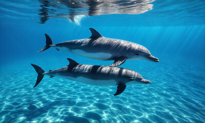 Fototapeta premium A photorealistic underwater scene captures a pod of dolphins gracefully gliding through crystal clear waters with the warm glow of the sun illuminating their sleek bodies.