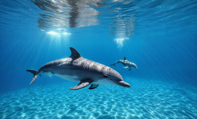 Naklejka premium A photorealistic underwater scene captures a pod of dolphins gracefully gliding through crystal clear waters with the warm glow of the sun illuminating their sleek bodies.