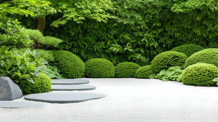 Serene Japanese garden with stepping stones, manicured shrubs, and white gravel. Perfect for relaxation and meditation