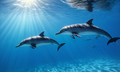 Fototapeta premium A photorealistic underwater scene captures a pod of dolphins gracefully gliding through crystal clear waters with the warm glow of the sun illuminating their sleek bodies.