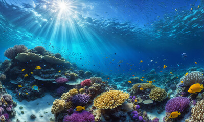   A photorealistic underwater scene showcasing a coral reef teeming with fish species amidst sponges and anemones. Sunlight rays add depth and beauty to the vibrant underwater ecosystem.
