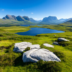 Serene Scottish Highlands landscape tranquil loch, green valley, majestic mountains under a clear blue sky. Ideal for travel brochures