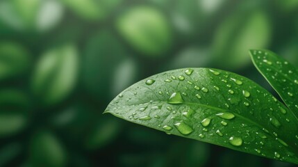 close-up of single droplet of water resting on vibrant green leaf with blurred forest floor in background
