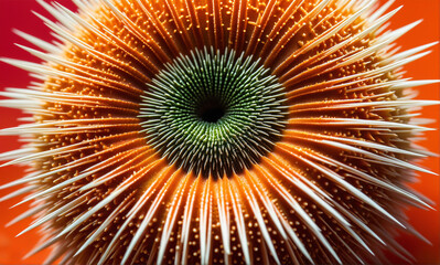 Obraz premium A macro shot of a vibrant sea urchin with sharp spines and intricate details, set against an exquisite backdrop of colorful corals.