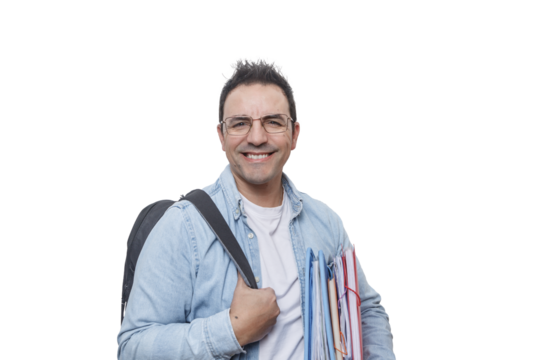 Smiling man holding files and wearing a backpack stands against a plain background
