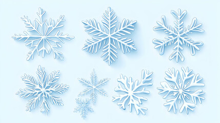 Fototapeta premium Six unique snowflakes against a light blue background, perfect for winter holiday designs