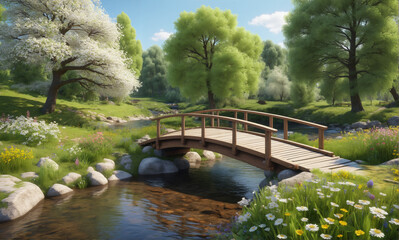   A tranquil spring landscape featuring a charming wooden bridge over a crystal-clear river, enveloped by vibrant blossoming trees and colorful wildflowers.