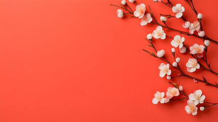 Spring blossoms on red background, copy space, celebration