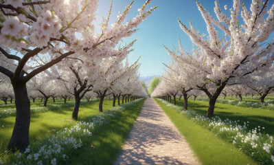 Obraz premium A vibrant spring orchard teeming with life, as rows of fruit trees burst into full bloom.