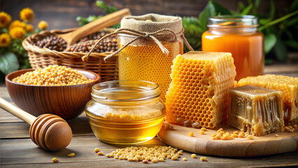 Fototapeta premium Honeycomb and fresh honey setup for food blogs, natural product promotions, and eco-friendly lifestyle ideas.