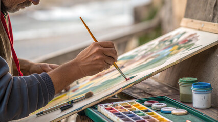 Outdoor watercolor painting for artistic creativity, perfect for travel blogs, art tutorials, or inspiration for creative workshops.