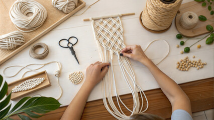 Macramé craft workspace with tools and natural cord for DIY tutorials, creative hobbies, and handmade decor inspiration