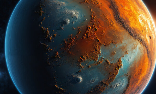   A seamless high-resolution texture representing a tidally locked planet's surface, showcasing stark temperature contrasts between its hot and cold regions.
