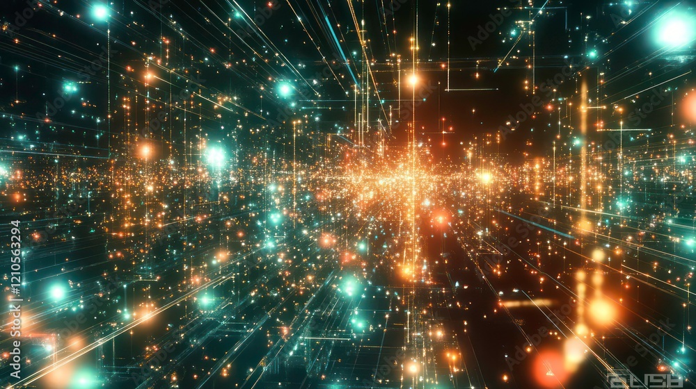 Poster abstract digital space with glowing particles and lines.