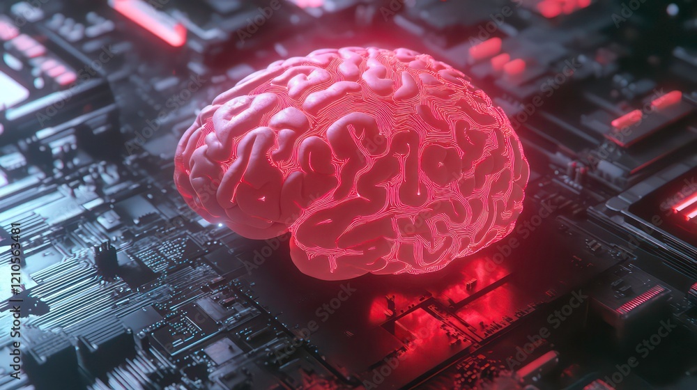 Poster a human brain rests on a circuit board, representing ai and neural networks.