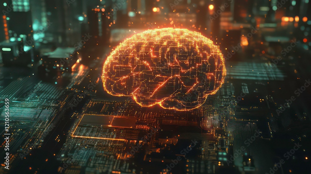Aufkleber glowing brain on a circuit board, representing artificial intelligence and futuristic technology.