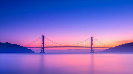Fototapeta premium Sunset over suspension bridge, calm water, misty hills, peaceful landscape, travel photography