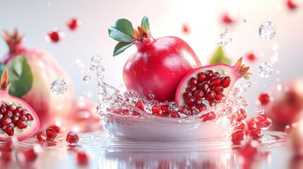 Fresh Pomegranate with Splashing Water. Generative AI