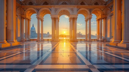 Metropolitan Plaza with Iconic Landmarks.  captured in soft morning light reflecting classical elegance, and metropolitan allure in high definition photography styled in urban classicism.