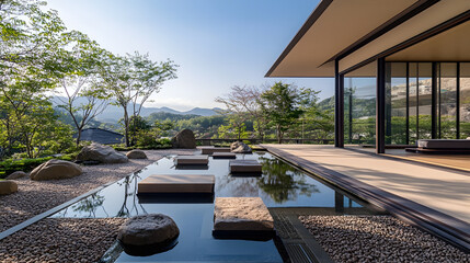 Obraz premium Modern Minimalist Zen Garden with Stone Path and Scenic Mountain View : Generative AI