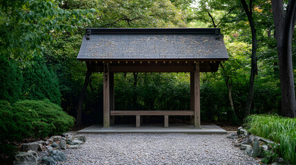 Serene Japanese Pavilion Amidst Dense Green Forest and Gravel Pathway : Generative AI