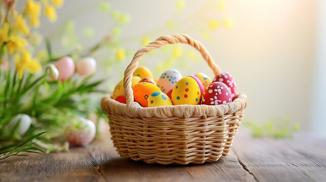 Easter basket with colorful decorated eggs and spring flowers in the background, celebrating the holiday season