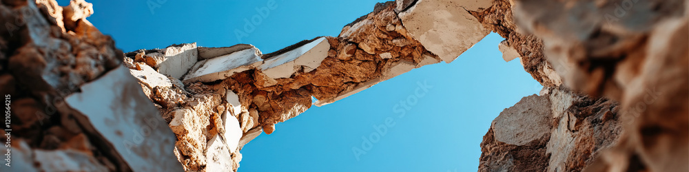Poster fractured concrete and stone structure with sky visible through gap
