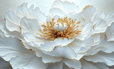 A large, intricately detailed white flower with layered petals and golden accents, set against a soft, light background. Generativ AI