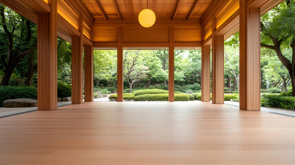 Obraz premium Tranquil wooden pavilion garden view, peaceful outdoor space, Japanese-style architecture, perfect for relaxation