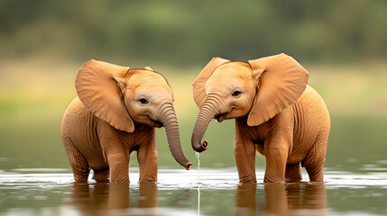 Two baby elephants playing in shallow water, lush green background, perfect for children's books or nature documentaries
