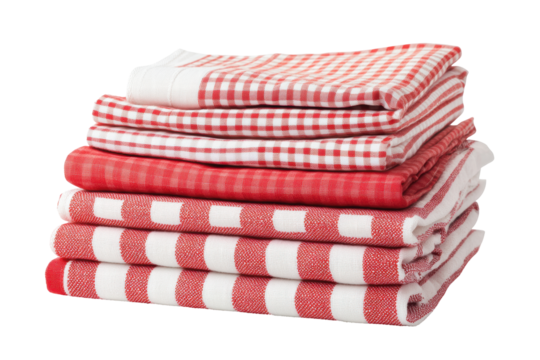 Isolated Stack of Red Striped Kitchen Towels