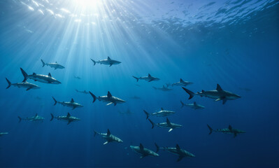 Obraz premium A captivating underwater scene showcases a school of sharks gracefully gliding through crystal-clear waters. Sunlight filters through the depths, casting a majestic glow on their highly de