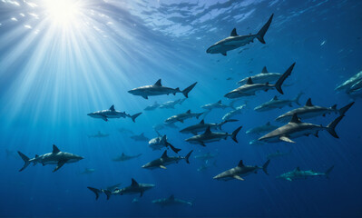 Obraz premium A captivating underwater scene showcases a school of sharks gracefully gliding through crystal-clear waters. Sunlight filters through the depths, casting a majestic glow on their highly de