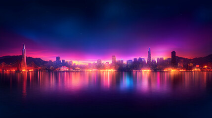 Fototapeta premium Vibrant city skyline at night, reflected in calm water, background hills, ideal for travel brochures