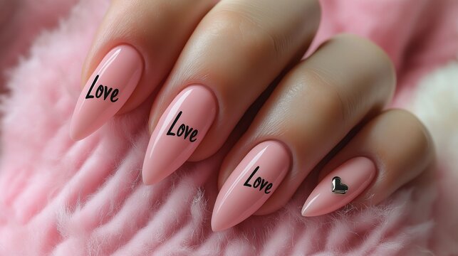Fototapeta Trendy pink nails with love inscriptions showcased on a soft background