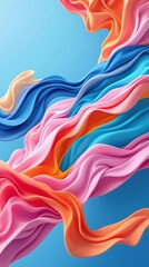 Colorful flowing fabric in motion against a blue background