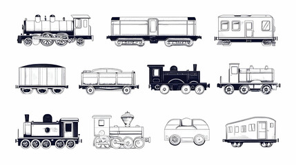 Vintage train carriages and locomotives illustration, railway transport history, graphic design element, website background