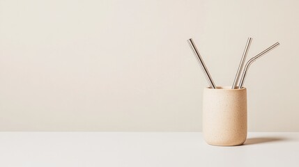 close-up of reusable metal straws placed in minimalistic ceramic holder on smooth white countertop with soft shadows